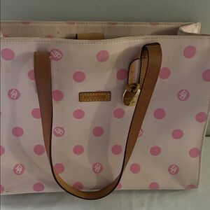 Dooney & Bourke Pink Polka Dot Tote with Tan Straps